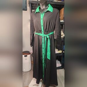 SHEIN Green Tie Front Maxi Dress Long Sleeve Casual